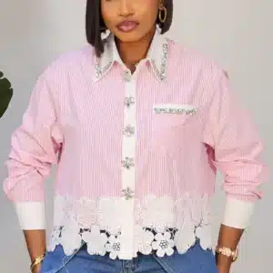 STRIPE LACE HEM STUD SHIRT 90774