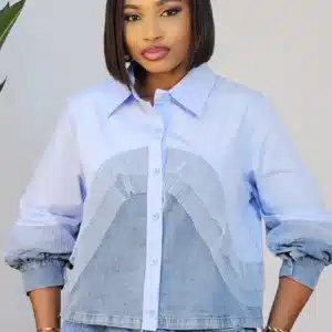 2-TONE RUFFLE DENIM DRAW STRING TOP 1308 - Image 2