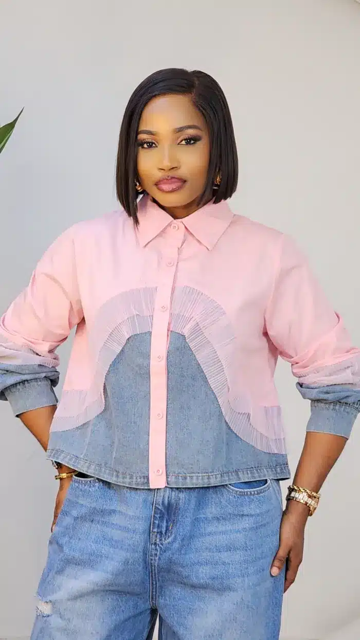 2-TONE RUFFLE DENIM DRAW STRING TOP 1308