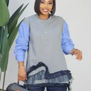 2-TONE STRIPE SLEEVE JERSEY RUFFLE HEM TOP 9055