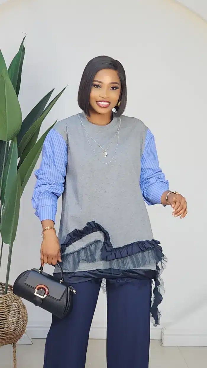 2-TONE STRIPE SLEEVE JERSEY RUFFLE HEM TOP 9055