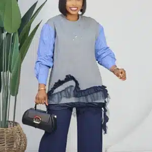2-TONE STRIPE SLEEVE JERSEY RUFFLE HEM TOP 9055 - Image 3