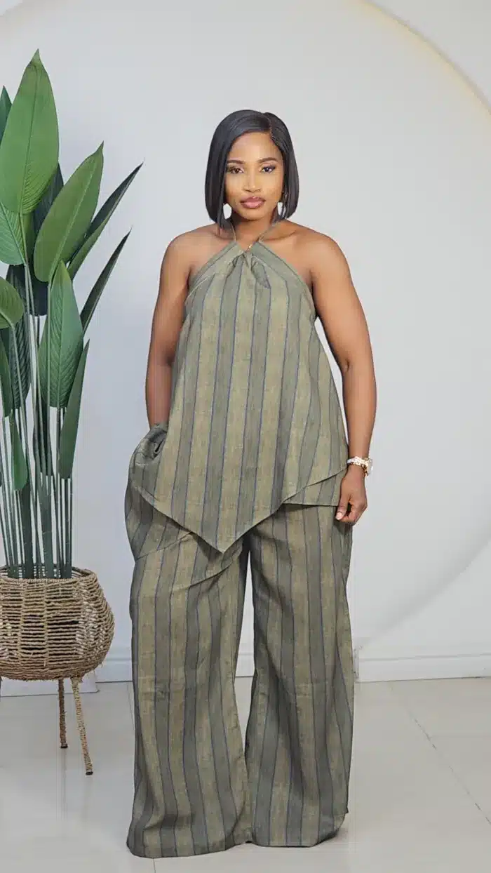 BOLD STRIPE HALTER NECK TOP & PANT SET 3107