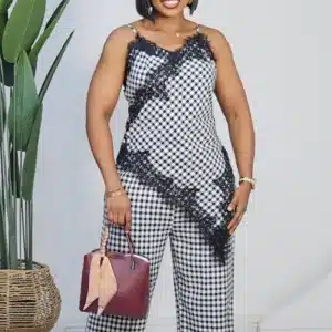 CHECKERS LACE INSERTED SPAG TOP & PANT SET 3107