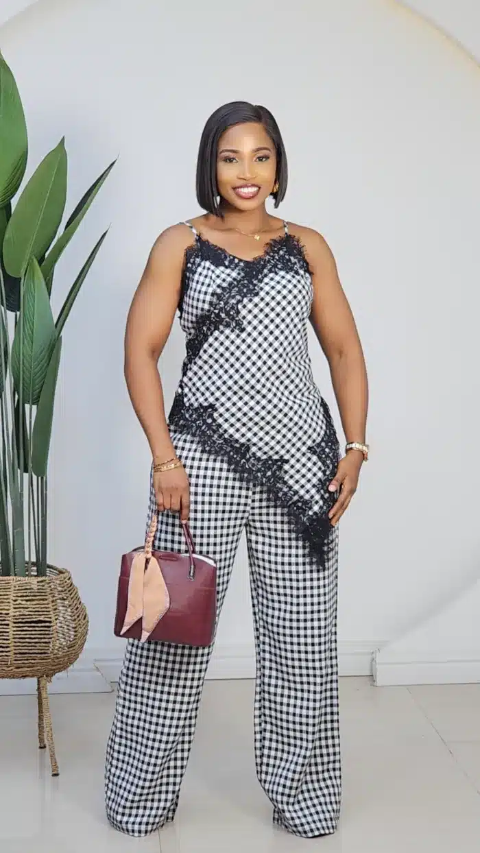 CHECKERS LACE INSERTED SPAG TOP & PANT SET 3107
