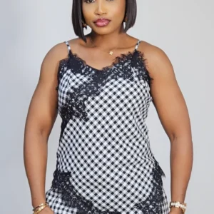 CHECKERS LACE INSERTED SPAG TOP & PANT SET 3107 - Image 2