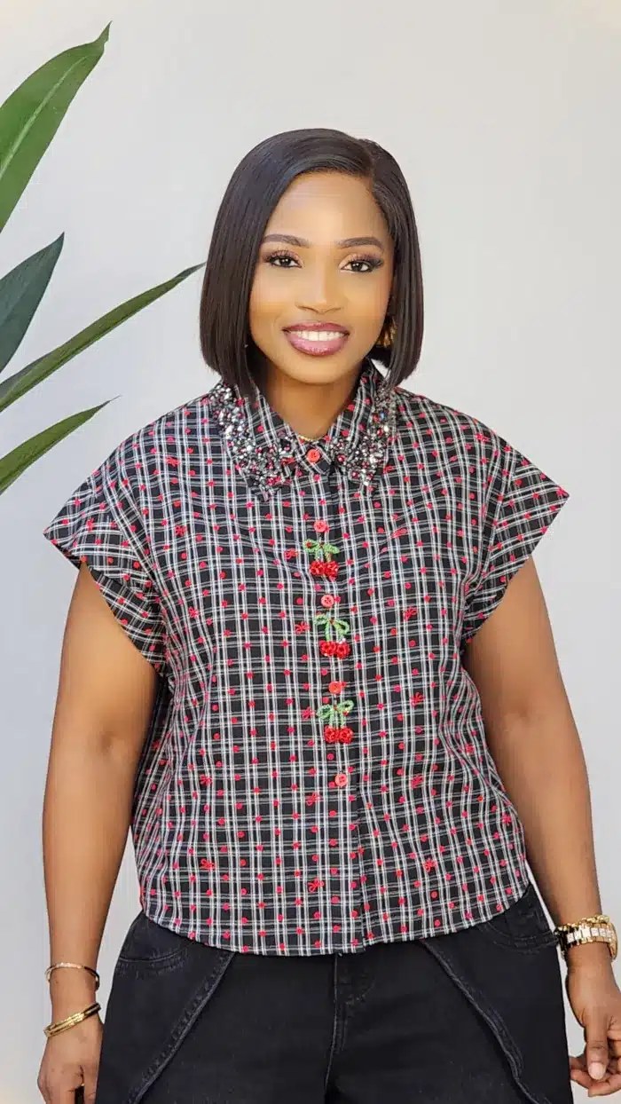 CHECKERS STUD COLLAR CAP SLEEVE SHIRT 2108