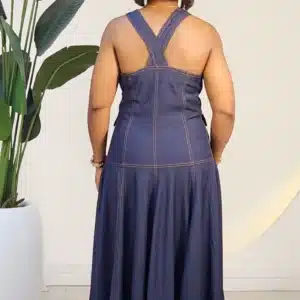 DENIM CROSS BACK FRONT POCKET FLARE DRESS 24075 - Image 3