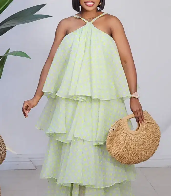 HALTER NECK PRINT MULTI LAYERS DRESS 887