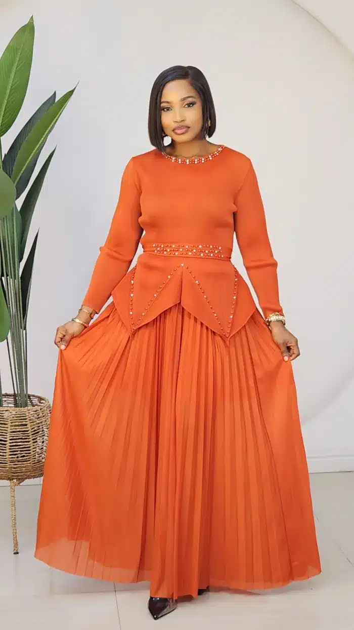 MIYAKI STUD PEPLUM TOP & PLEAT SKIRT SET 2708
