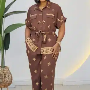 PRINT LINEN STUD NECK SHIRT & PANT SET 2708