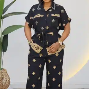 PRINT LINEN STUD NECK SHIRT & PANT SET 2708 - Image 2
