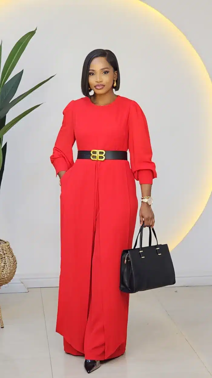 SHEER SLEEVE FRONT DRAPE BELTED JUMPSUIT 613821
