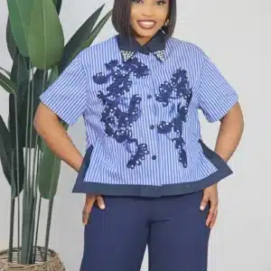 STRIPE EMBROIDERY FRONT STUD SHIRT 0708