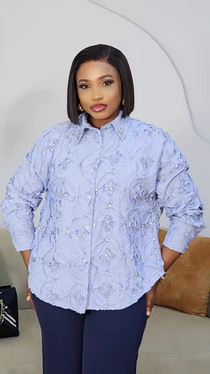 STRIPE RUFFLE EMBROIDERY STUD SHIRT 1709