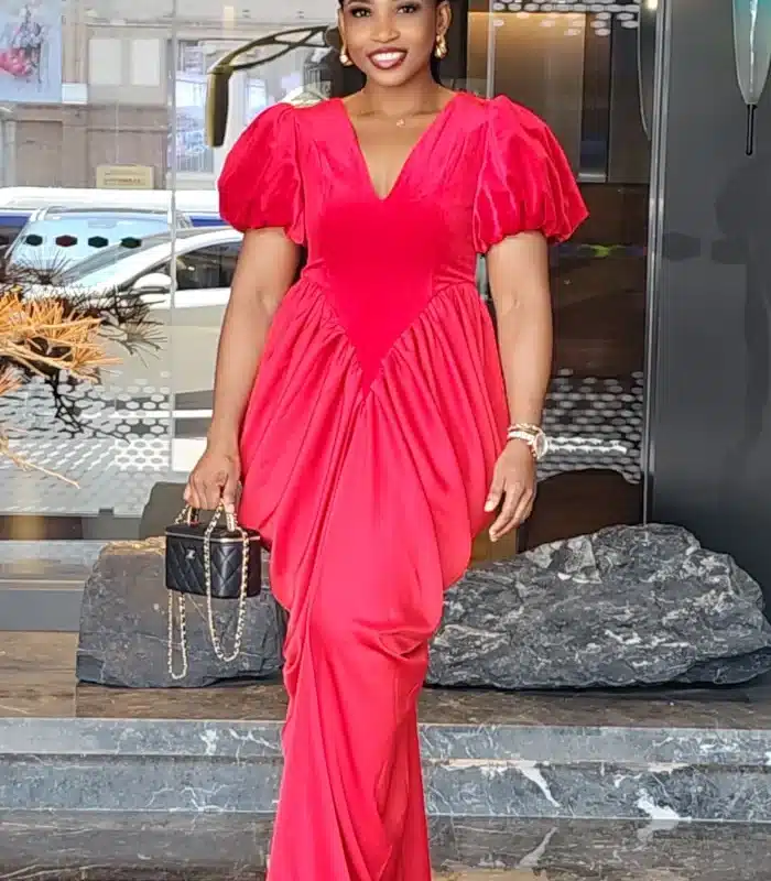 VELVET RUCH BUBBLE SLEEVE EVENING DRESS 8005